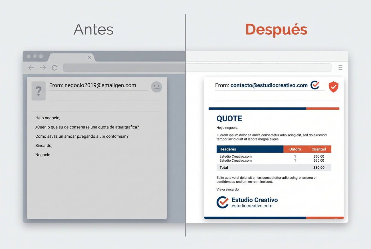 Comparison of an email sent from a generic address vs. from a professional email with its own domain
